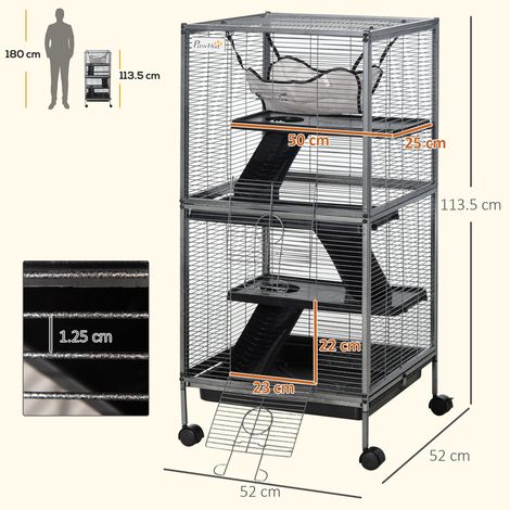 Cage en acier pour rongeurs, convient aux cobayes et aux chinchillas, à 3 niveaux, avec 4 roues, hamac et plateau amovible, 52 x 52 x 113,5 cm, gris argenté. (1/5)