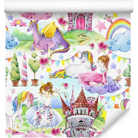 Papel pintado de cuento de hadas con dragones y unicornios para salón y dormitorio, 50x1000 cm. (1/5)