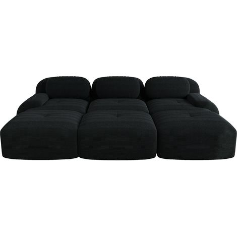 Canapé 3 places modulaire en tissu velours côtelé noir avec 3 poufs et accoudoirs larges (1/5)