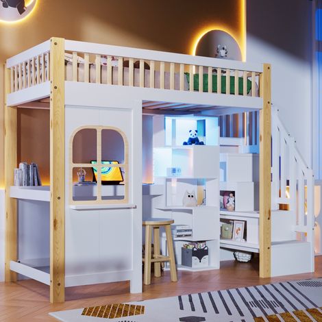 Letto rialzato bambini 90x200 cm con illuminazione LED, scala con vano portaoggetti, ripiani aperti e scrivania, senza materasso, bianco (1/5)