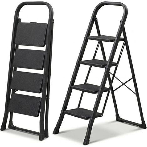 Scala Scaletta 4 Gradini Pieghevole Black Mini Plus Nero con Piedini Antiscivolo, Struttura in Acciaio, Leggera, Multiuso, Certificata EN14183 Portata 150Kg
