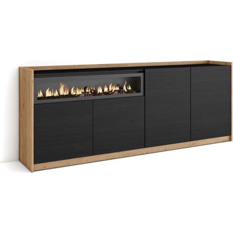 Aparador Almogía-01 de 207x80x37 cm con 4 puertas, chimenea y luces LED, color negro y roble (1/4)