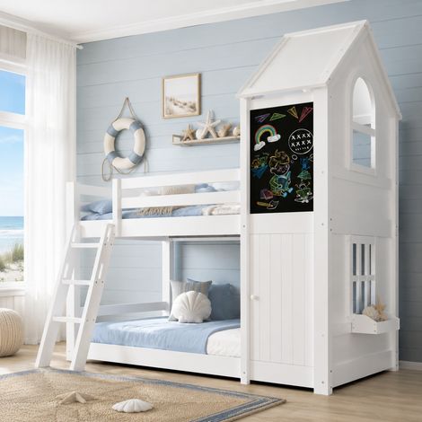 Litera 90x200 cm con puerta pequeña y pizarra escalera de tres peldaños estructura de madera blanca apto para niños(Sin Colchón) (1/5)