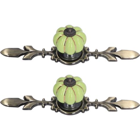 Lot de 2 boutons de tiroir en céramique, peints à la main, motif citrouille, style champêtre chinois, vert. (1/5)