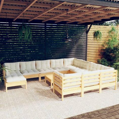 12-tlg. Garten-Lounge-Set mit Creme Kissen Kiefernholz (1/5)