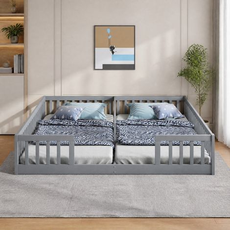 Lit enfant 90x200 avec barrières pin gris double HAVRYA (1/5)
