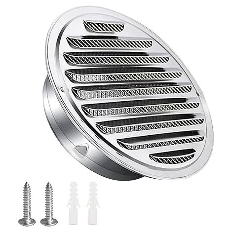 QAZQA Grille d'aération en acier inoxydable 100mm avec vis et chevilles Protection contre les intempéries Lamelles avec moustiquaire et boucle Grille d'évacuation d'air ronde Visser et bride Grille (1/5)