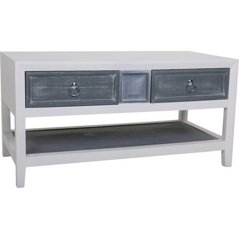 Table basse bois blanc et gris avec tiroirs et étagère - Blanc et gris effet bois patiné (1/5)