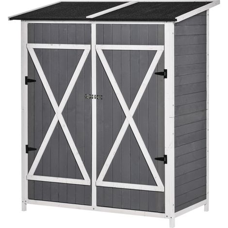Armoire de jardin Cabanon 2 portes toit asphalte anti-dumping clous terre sapin bois gris blanc 139x75x160 cm