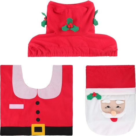 Ensemble de toilette de Noël 3 pièces : toilette en polaire douce, tapis de bain antidérapant et protège réservoir avec porte mouchoirs (1/4)