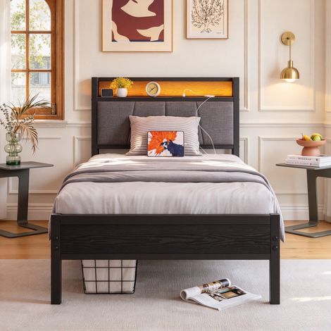 Lit 120x200 cm avec éclairage LED-USB Type-C-Cadre de lit en métal,Lit Moderne pour Adolescent avec sommier à Lattes,pour Chambre d'amis,Montage Facile,Noir (1/5)