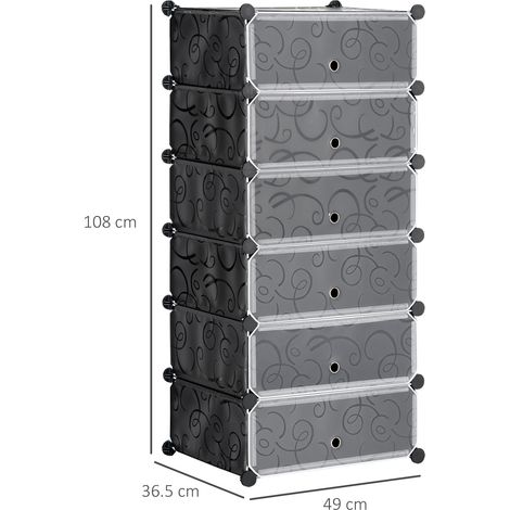 Boîte armoire à chaussures DIY empilable, 6 paires, plastique et métal, design bicolore noir/blanc, 49x36,5x108 cm, coffre de rangement pratique. (1/5)