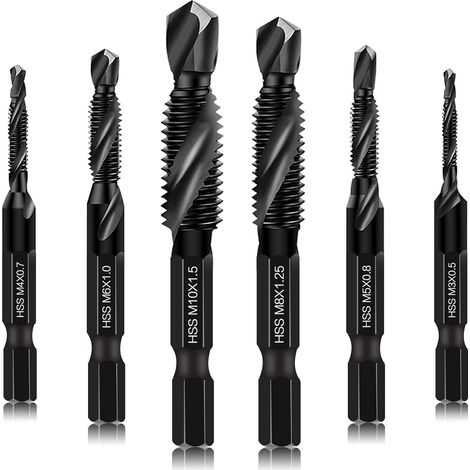 Juego de 6 brocas combinadas para taladro y macho de roscar - Herramientas de roscado - Tamaños M3 x 0,5 M4 x 0,7 M5 x 0,8 M6 x 1,0 M8 x 1,25 M10 x 1,5 con revestimiento antioxidante negro, vástago he (1/5)