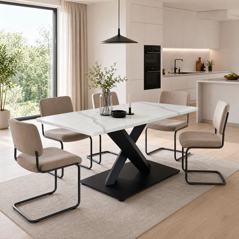 Table rectangulaire moderne 6-8 personnes, plateau MDF marbre blanc, piètement métal noir X. Grande table cuisine/blanc, bureau/salon.