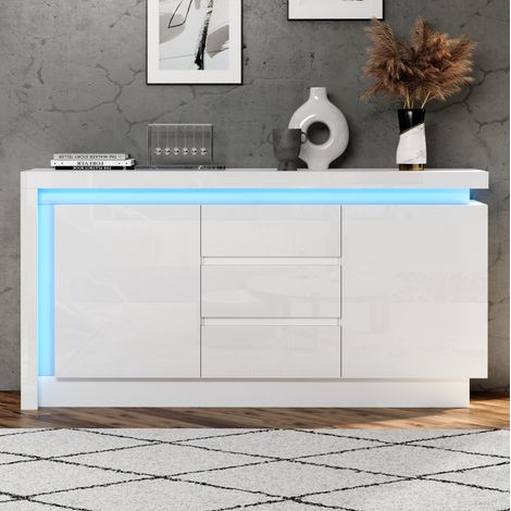 Credenza in truciolare bianco 140 x 35 x 72 cm, 2 ante, 3 cassetti, ripiani regolabili, LED (1/5)