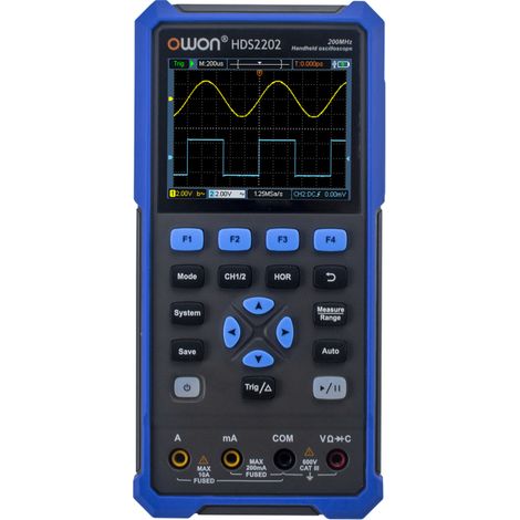 Multimètre oscilloscope numérique portable OWON HDS2202, 200 MHz, 1 GSa/s, double canal, valeur efficace vraie (True RMS), 20 000 points, écran LCD couleur 3,5 pouces, rechargeable, interface USB-C. (1/5)
