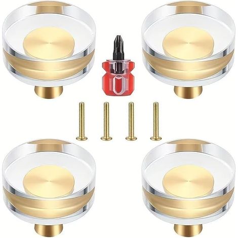 Set mit 4 goldfarbenen Kristallglas-Schrankknöpfen, transparenten Möbelgriffen, Schubladengriffen, runden Messinggriffen für Kommoden, Schubladen, Kleiderschränke, Türen und Schränke, 30 x 27 mm
