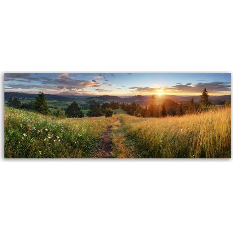 Tableau panoramique prairie fleurie et coucher de soleil campagne (1/5)