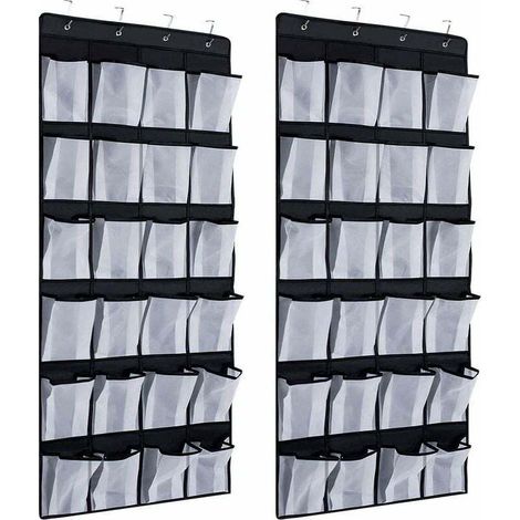 2 Pcs 24 Pocket Over-the-Door Shoe Organizer, Shoe Storage with 8 Hooks (Black) (1/2)