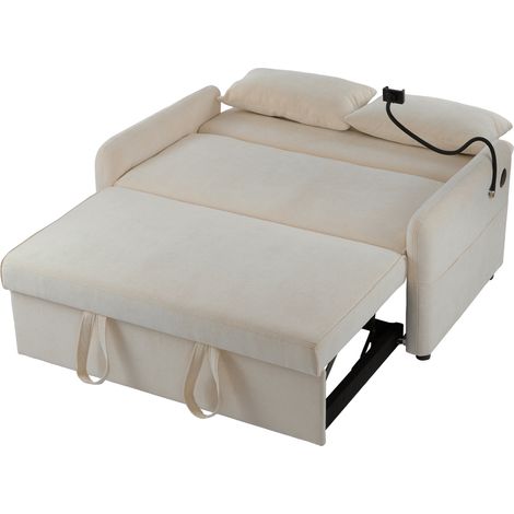 Divano letto matrimoniale pieghevole in ciniglia beige con USB e supporto smartphone (1/5)