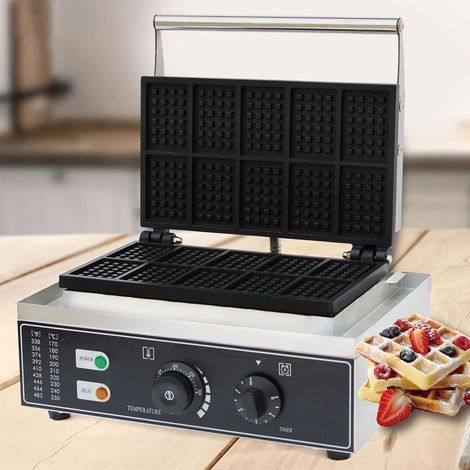 Gaufrier électrique, pour 10 gaufres belges, 1550 W, revêtement anti-adhésif, avec couvercle en acier inoxydable