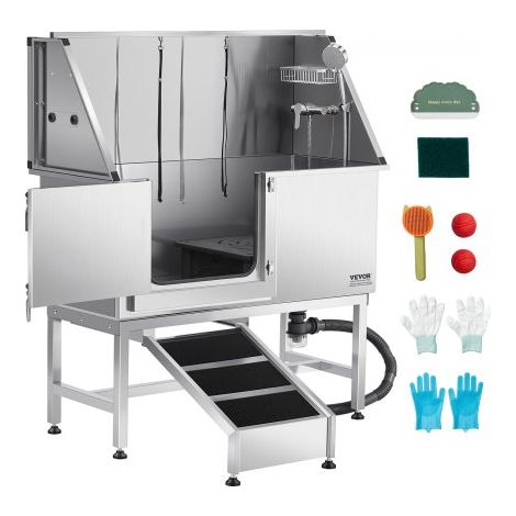 Baignoire de Chien Acier Inoxydable, Baignoire de Toilettage pour Animaux de Compagnie 127 cm Station de Lavage Chat, avec Rampe, Panneau Filtre à Eau, Robinet, Pommeau de Douche, Porte Gauche (1/3)