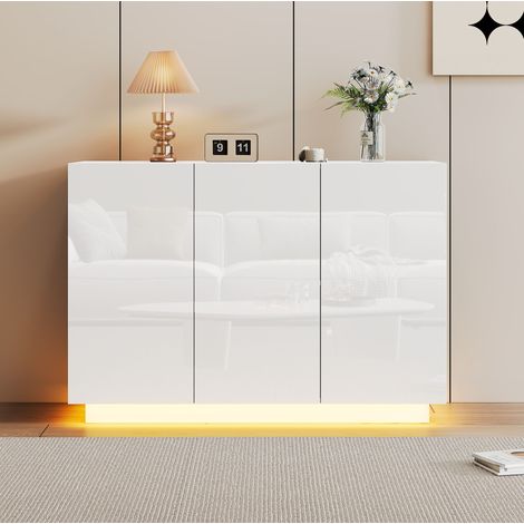 Buffet 120x40x75 cm en panneaux de bois blanc, LED avec rangement pour salle à manger FloraGrace (1/5)