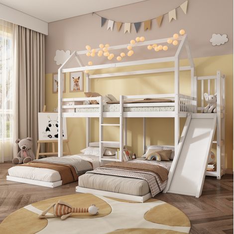 lit chambre couchage rangement 90x200 bois blanc cabane HAVRYA (1/5)
