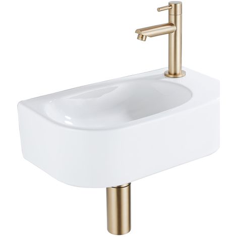 QeramiQ Fuente Ensemble lave-mains - 40x21,5x12cm - droite - lisse - semi-circulaire - 1 trou de robinet - céramique - robinet de lave-mains laiton