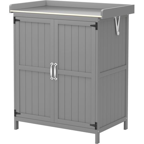 Outsunny Armadio da Giardino in Legno con 2 Ante per Giardino, Patio, Grigio