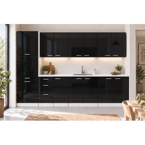 Küchenzeile 300 cm Schwarz Hochglanz, Hochschrank, 8 Schränke, ohne Arbeitsplatten (1/5)