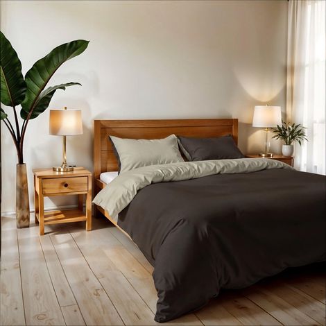 Housse de Couette Double, uni réversible, Parure de Couette, avec Housse de Couette 250×200 cm, Rabat 20+50 cm + Paire de taies d'Oreiller 50×80 cm Marron/Gris Taupe (1/5)