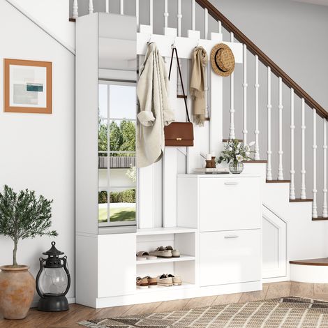 Set de rangement d'entrée 135x25x180 cm avec miroir, armoire à chaussures à 2 portes rabattables + 2 armoires de rangement, placard mural compact pour couloir, porte ouverte, blanc. (1/5)