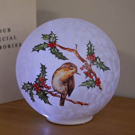 20cm Light Up Christmas Robin Glass Ball with Cool White LEDs (1/5)