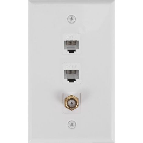 Plaque Murale Coaxiale Ethernet 2 Ports RJ45 Cat6 et 1 Connecteur F Femelle (1/4)