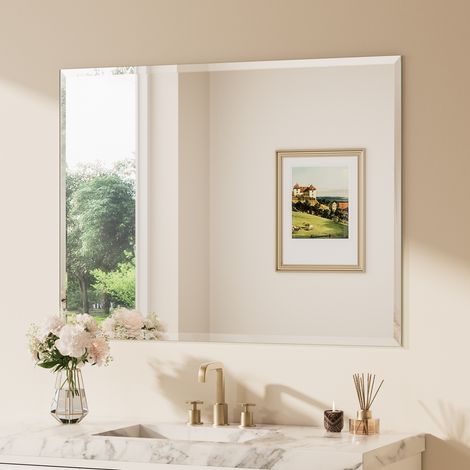 Keonjinn Badspiegel Facettenschliff, 120x90cm Bad Spiegel mit Gehärtetes Glas und Splitterschutzfolie,Rahmenloser Badezimmerspiegel, Rechteckiger Wandspiegel Vertikal Horizontal Möglich, für Garderobe