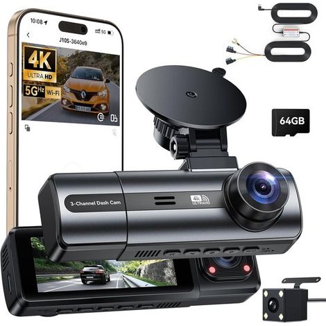 4K Autokamera Front und Rückkamera mit Festverdrahtungsset, WLAN Dashcam mit Parküberwachung, 64 GB SD Karte, 3 Kanal Autokamera mit Nachtsicht, (1/5)