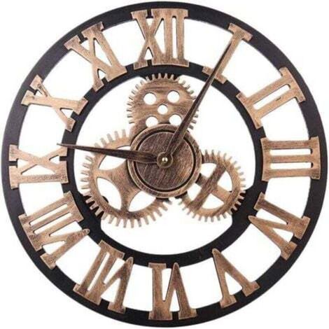 Large clock on the wall, round in metal in vintage style, silent, without ticking, with battery, 30 cm, with black number, for storage, camera on the toilet, kitchen, gold plated (1/4)