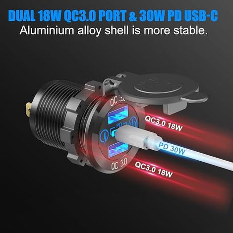 Volt USB Socket RV Accessory Marine Switch Panel, PD30W and QC18W Dual USB Port Aluminum Charger, Cigarette Lighter Socket, Voltmeter and Rocker Switch (1/4)