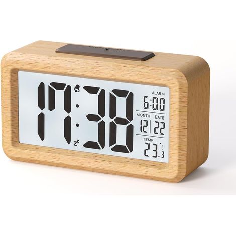 Digitaler Wecker aus Holz mit großem LCD-Display, Datum, Temperatur, automatischem Lichtsensor, Schlummerfunktion, batteriebetrieben (3 AAA-Batterien im Lieferumfang enthalten)