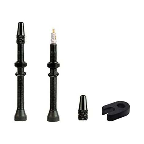 Lot de 2 tiges valve Presta noires sans chambre à air en alliage durable super léger avec outil retrait noyau et tige pour vélos route (60 mm) - (1/5)