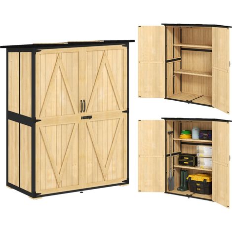 Abri de jardin en bois et acier, abri d'extérieur avec toit en asphalte, 2 étagères, portes verrouillables, bois naturel (1/3)