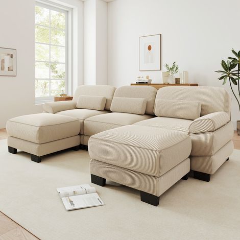 Canapé panoramique modulable 265 cm 3 places avec 2 poufs, design carré épuré, base et accoudoirs à matelassage en canaux, velours côtelé, beige (1/5)
