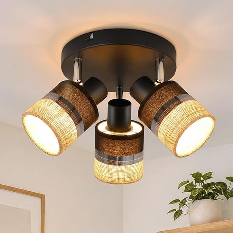GBLY Lámpara de techo redonda  de tres luces negra casquillo E14 iluminación retro para pasillo, materiales metal y tela regulable potencia máxima de 25 W apta para cocina salón y dormitorio (bombilla (1/5)
