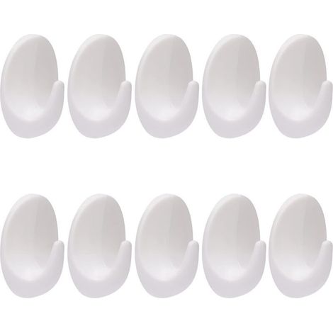 Lot de 10 crochets muraux blancs autocollants en plastique blanc sans perçage - Crochets muraux réutilisables à coller sur des crochets muraux amovibles en plastique pour salle de bain, chambre (1/4)
