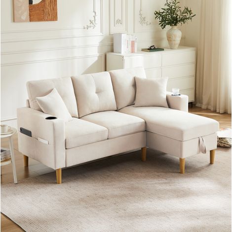 Divano angolare 3 posti con chaise longue, contenitore, portabicchieri, 2 cuscini, beige DESVIAE (1/5)