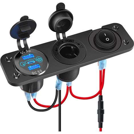 Panneau de commutateur de Chargeur de Voiture, 12V-24 Doubles Ports USB QC3.0 + Port PD+ Panneau à Bascule Interrupteur Marche/arrêt (B) (1/5)