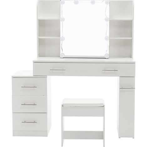 Coiffeuse LED avec miroir coulissant, 3 tiroirs, rangements d’angle, tabouret rembourré, 10 ampoules et 3 températures de lumière, blanc MDF – CHICFURN (1/5)
