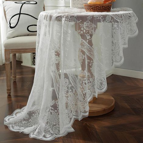Weiße Spitzendecke 190cm Rund, Vintage Floral Stickerei, Elegantes Tischtuch für Hochzeit & Party