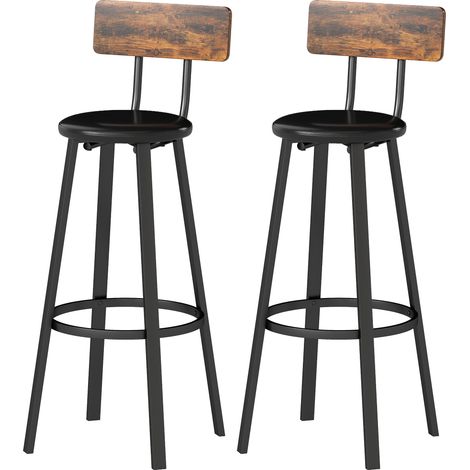 Lot de 2 tabourets de bar rustiques marron, avec repose-pieds et dossier, hauteur d'assise 75,5 cm pour cuisine et plan de travail (1/5)